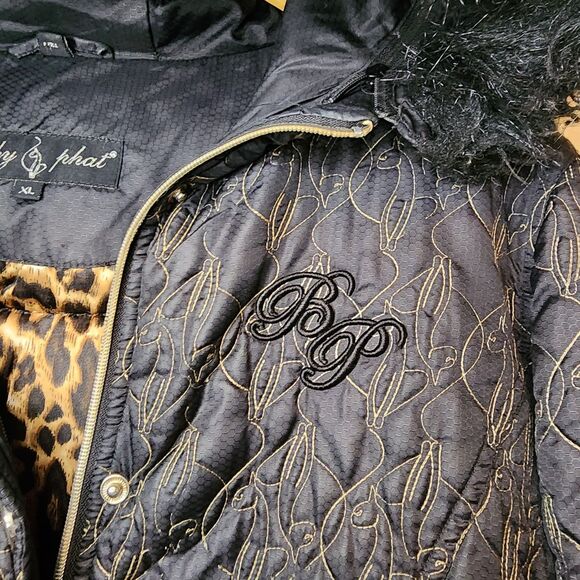 Vintage Y2K Baby Phat Jacket Fur Hooded All Over Print Size XL Rare Black - Picture 2 of 12
